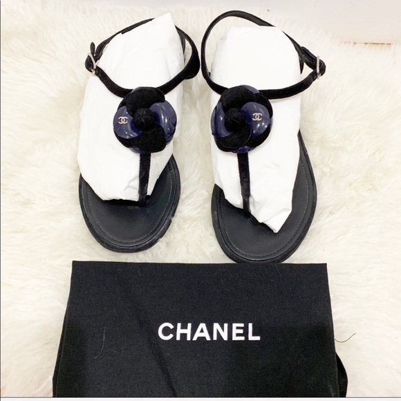 CHANEL Shoes - Chanel Black Blue suede patent leather logo sandal